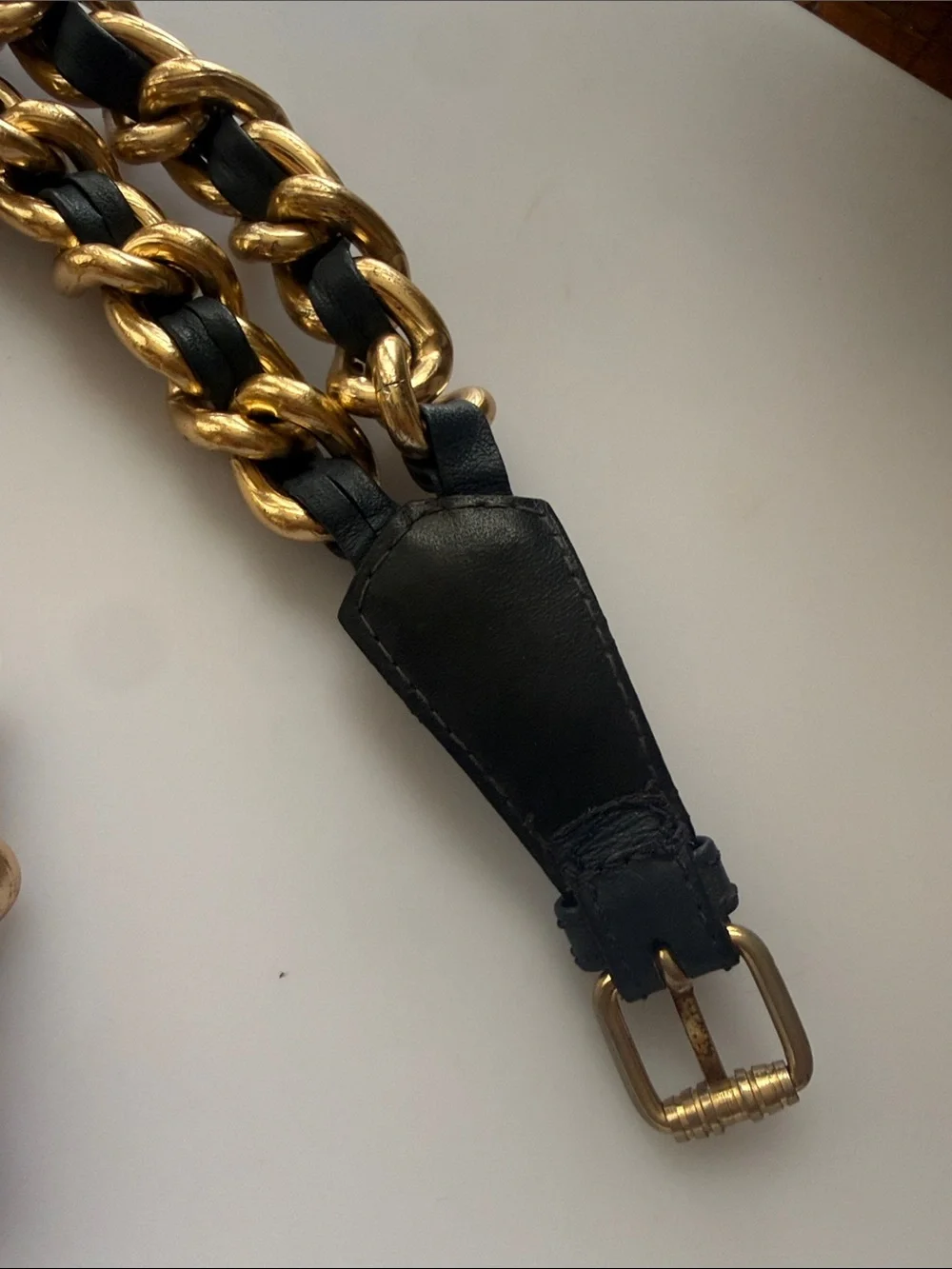 Made in Italy Neiman Marcus Gold-Tone Chain with Black Leather Weave Strap Belt